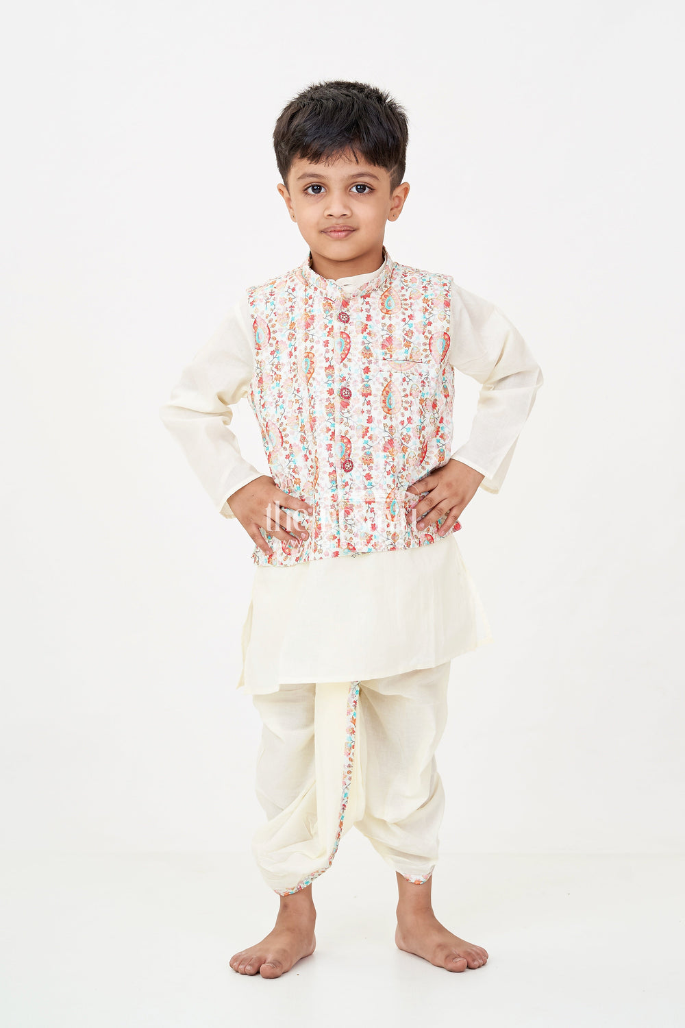 The Nesavu Boys Dothi Set Boys Dhoti Kurta Jacket Set in Beige Cotton with Digital Print Vest and Traditional Dhoti Pants Nesavu Nesavu Boys Dhoti Kurta Jacket Set Beige Cotton Base Multicolor Digital Print Vest