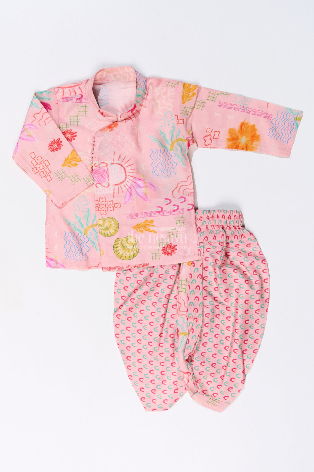 The Nesavu Boys Dothi Set Boys Dhoti Kurta with Floral Printed Cotton Fabric for Traditional and Festive Wear Nesavu 12 (3M) / Pink BES651A-12 Nesavu Boys Dhoti Kurta Floral Printed Cotton Fabric Traditional Festive Wear