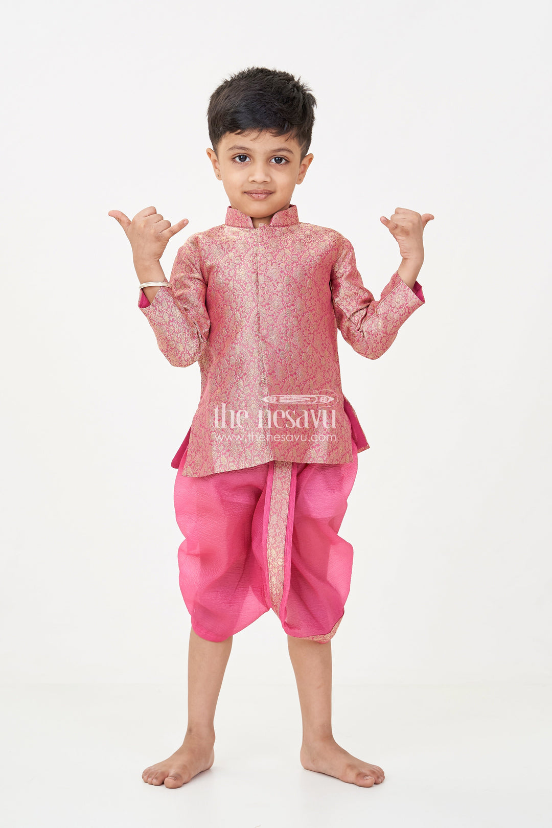 The Nesavu Boys Dothi Set Boys Dhoti Pant Suit in Banarasi Kora Tissue with Traditional Jacket and Crinkled Bottoms Nesavu 10 (NB) / Pink BES703A-10 Nesavu Boys Dhoti Pant Suit Maroon Banarasi Kora Tissue Traditional Jacket Crinkled Pants