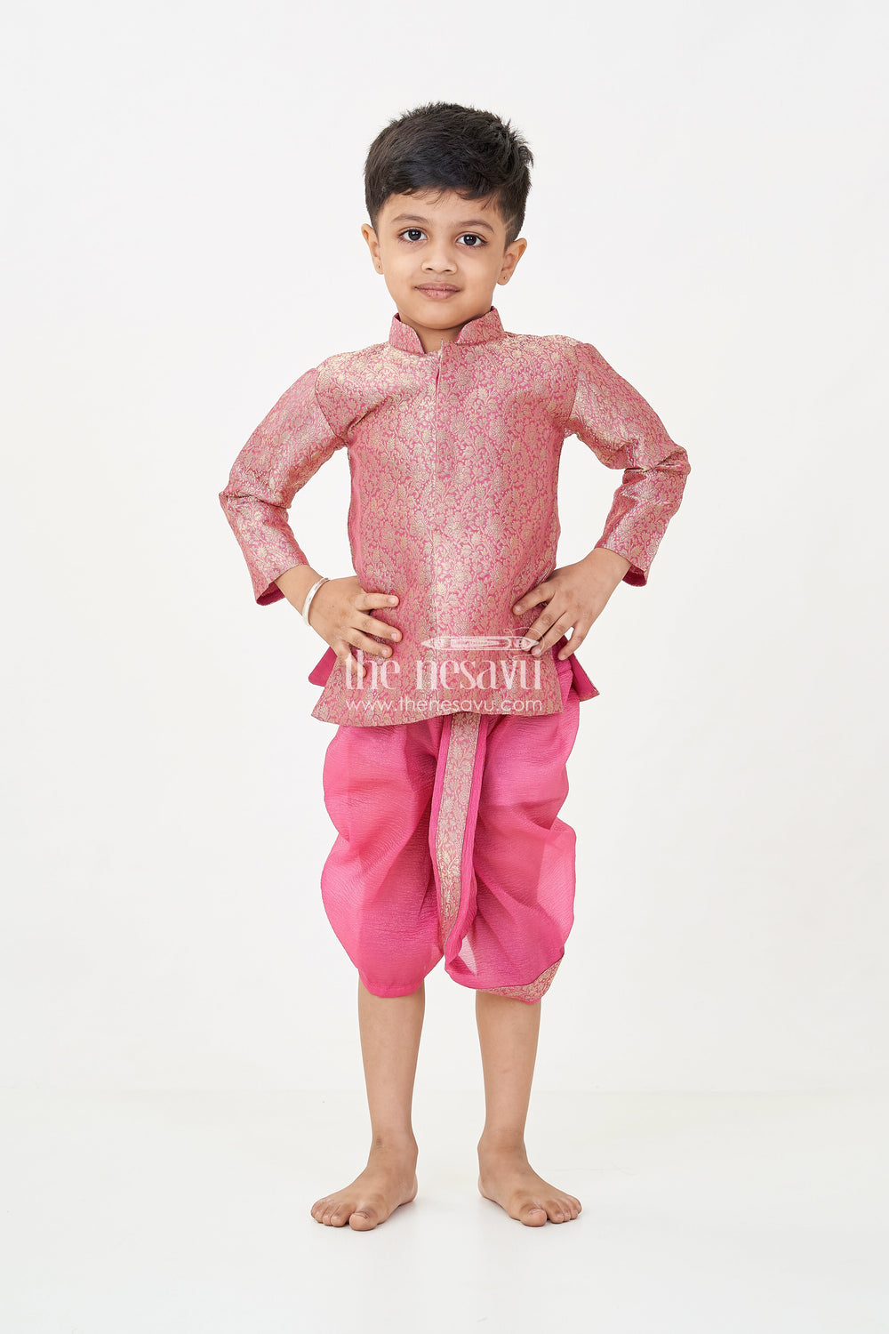 The Nesavu Boys Dothi Set Boys Dhoti Pant Suit in Banarasi Kora Tissue with Traditional Jacket and Crinkled Bottoms Nesavu Nesavu Boys Dhoti Pant Suit Maroon Banarasi Kora Tissue Traditional Jacket Crinkled Pants