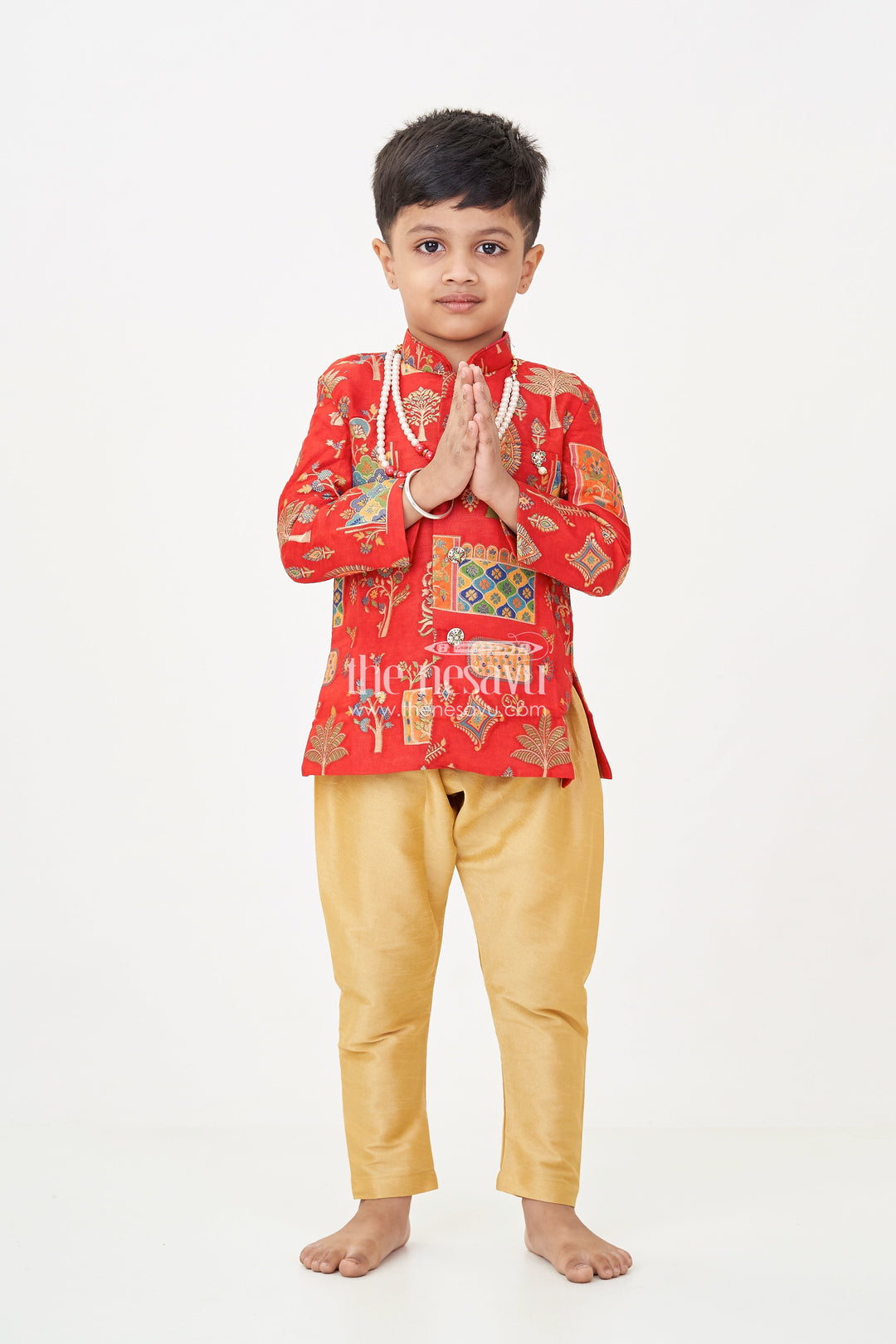 The Nesavu Boys Sherwani Boys dhoti sherwani Set with Red Digital Printed Kurta Jacket and Traditional Accessories Included Nesavu 12 (3M) / Red BES704B-12 Nesavu Boys dhoti sherwani Set Red Digital Print Kurta Full Traditional Accessory Kit