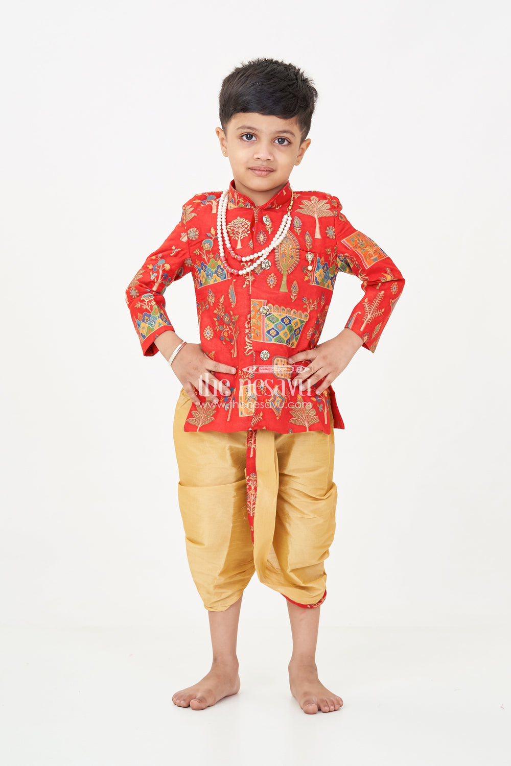 The Nesavu Boys Sherwani Boys dhoti sherwani Set with Red Digital Printed Kurta Jacket and Traditional Accessories Included Nesavu Nesavu Boys dhoti sherwani Set Red Digital Print Kurta Full Traditional Accessory Kit