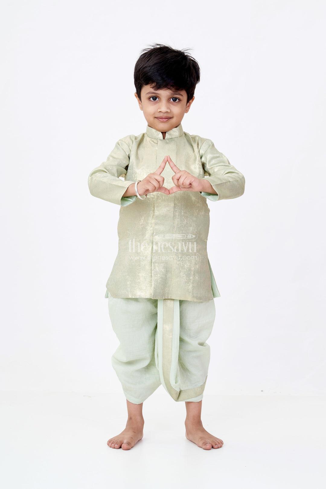 The Nesavu Boys Dothi Set Boys Dothi Set with Gold-Toned Embroidered Kurta and Green Dothi for Traditional Ceremonies Nesavu 10 (NB) / Green BES594A-10 Nesavu Boys Gold-Toned Kurta Green Dothi Set Traditional Events Special Occasions