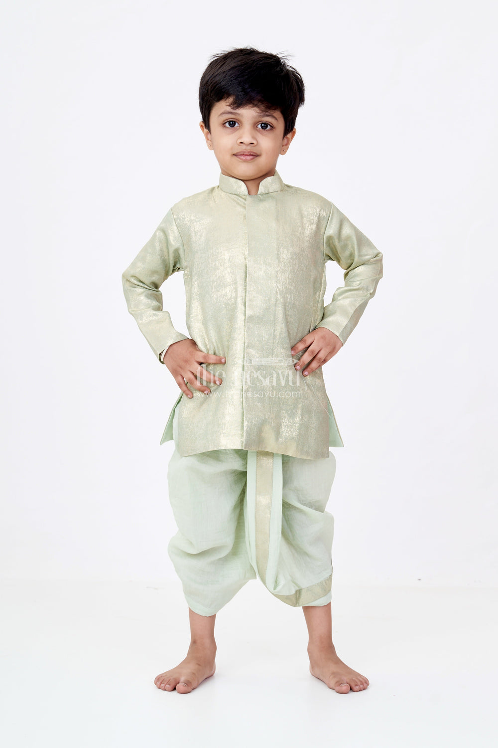 The Nesavu Boys Dothi Set Boys Dothi Set with Gold-Toned Embroidered Kurta and Green Dothi for Traditional Ceremonies Nesavu Nesavu Boys Gold-Toned Kurta Green Dothi Set Traditional Events Special Occasions