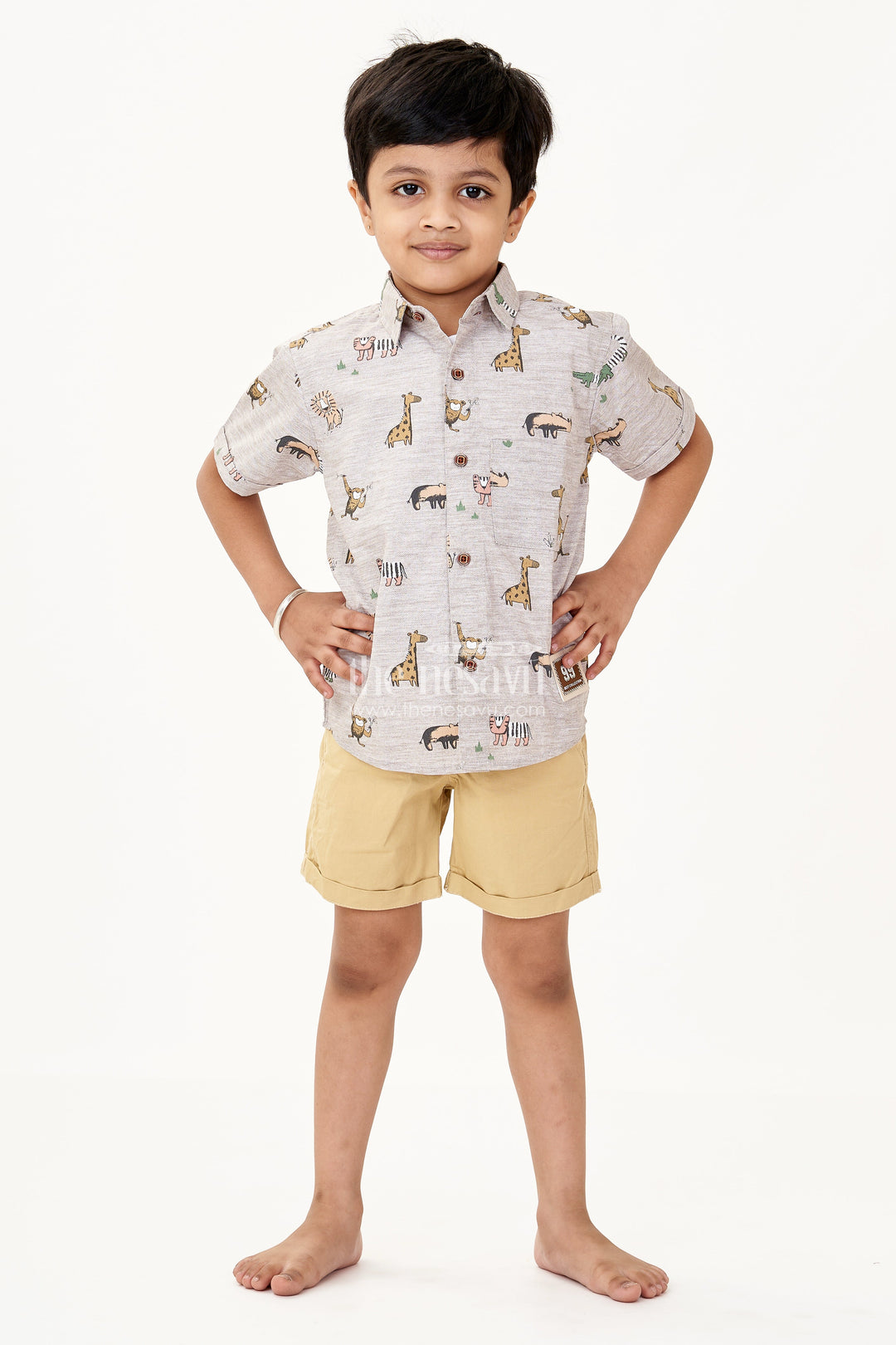 The Nesavu Boys Casual Set Boys Dresses for Casual Wear with Animal Print Shirt White Graphic Tee and Mustard Shorts Nesavu 20 (3Y) / Gray BCS219B-20 Nesavu Boys Animal Print Dresses Casual Wear Graphic Tee Mustard Cotton Shorts