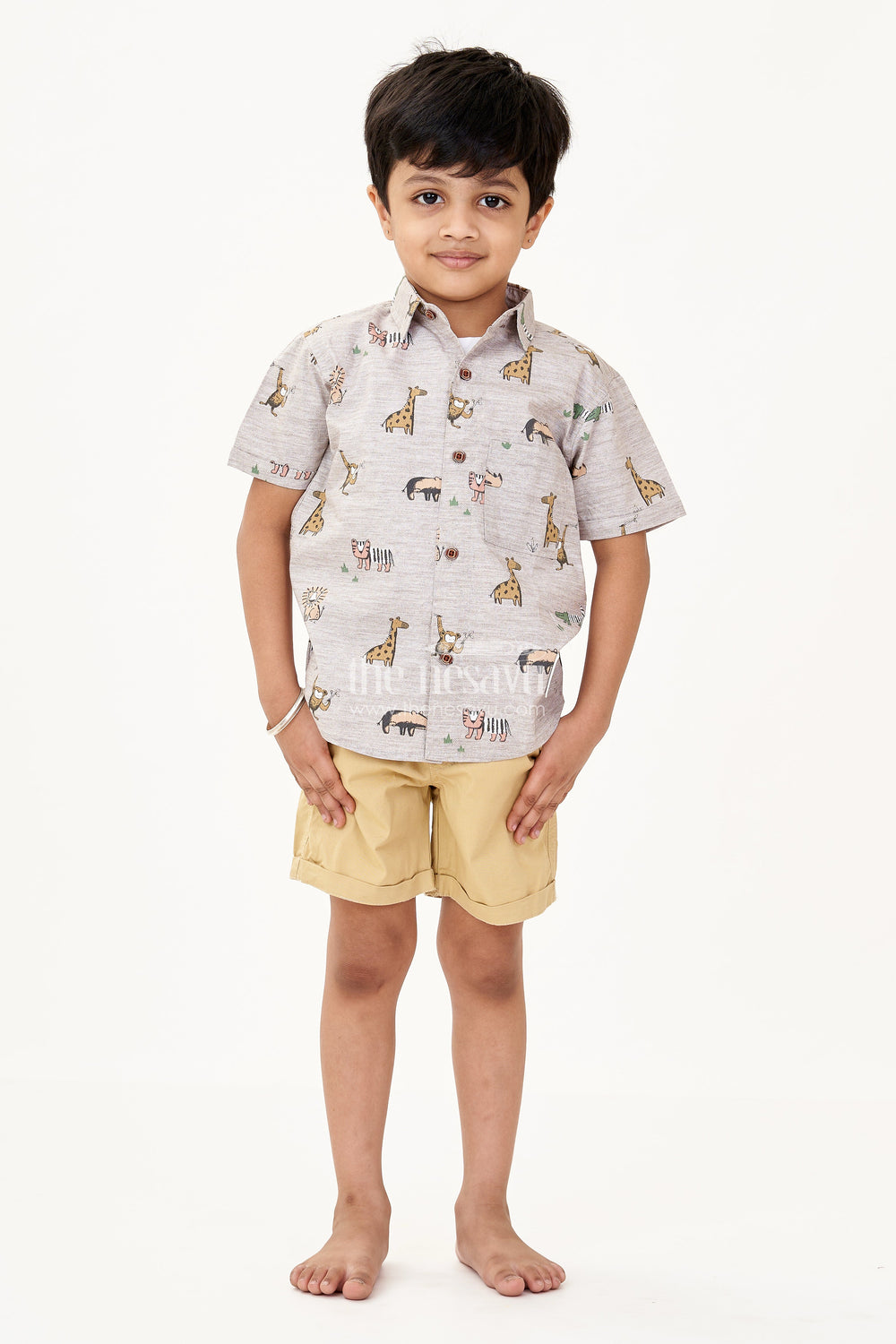 The Nesavu Boys Casual Set Boys Dresses for Casual Wear with Animal Print Shirt White Graphic Tee and Mustard Shorts Nesavu Nesavu Boys Animal Print Dresses Casual Wear Graphic Tee Mustard Cotton Shorts