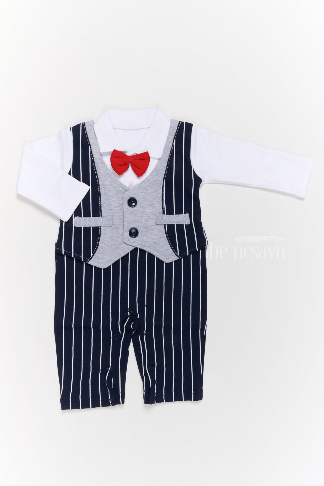 The Nesavu Boys Casual Set Boys Dungaree Styling Set with White Shirt and Black Striped Overalls for Trendy Wear Nesavu 12 (3M) / Multicolor BCS204B-12 Nesavu Boys Dungaree Styling Set White Cotton Shirt Black Striped Overalls Red Bow Tie