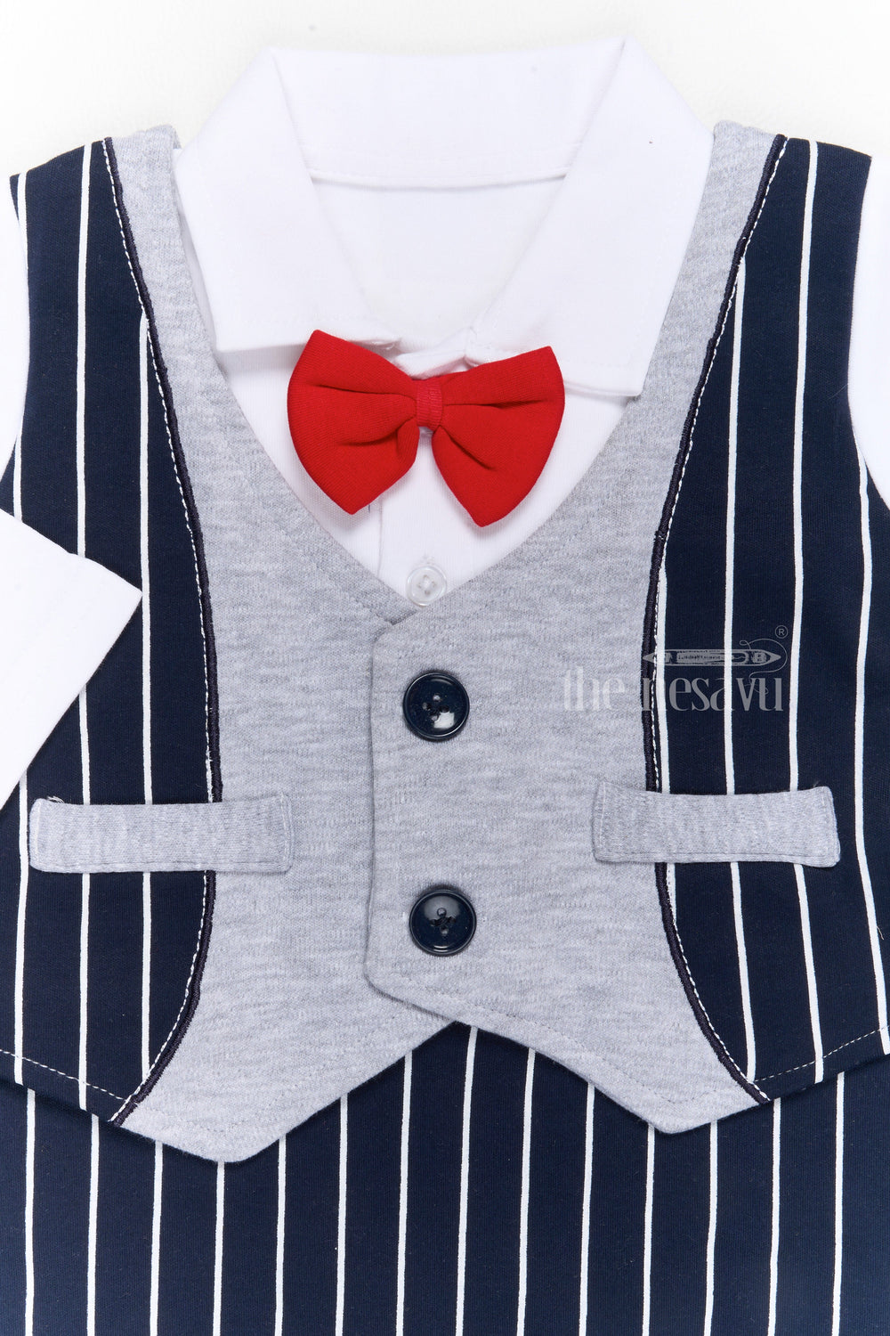 The Nesavu Boys Casual Set Boys Dungaree Styling Set with White Shirt and Black Striped Overalls for Trendy Wear Nesavu Nesavu Boys Dungaree Styling Set White Cotton Shirt Black Striped Overalls Red Bow Tie