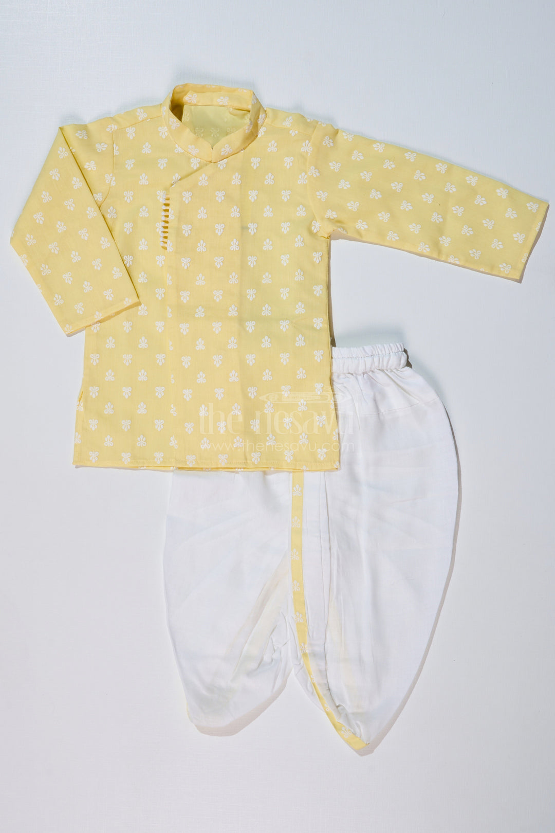 The Nesavu Boys Dothi Set Boys Ethnic Dhoti Kurti Style in Yellow and White with Chikankari Embroidery Nesavu 16 (1Y) / Yellow BES630A-16 Nesavu Boys Cotton Dhoti Kurti Yellow White Chikankari Embroidery