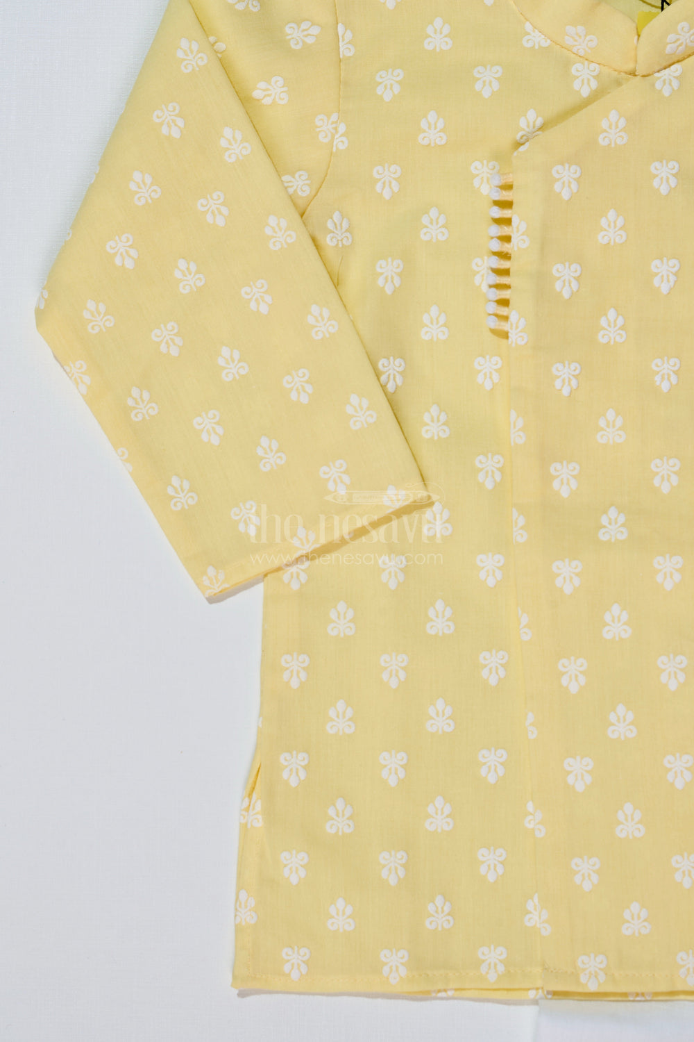 The Nesavu Boys Dothi Set Boys Ethnic Dhoti Kurti Style in Yellow and White with Chikankari Embroidery Nesavu Nesavu Boys Cotton Dhoti Kurti Yellow White Chikankari Embroidery