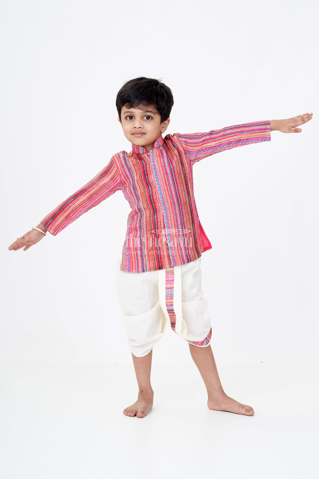 The Nesavu Boys Dothi Set Boys Festive Cotton Dhoti Set with Red Multicolor Striped Kurta Nesavu 10 (NB) / Multicolor BES596C-10 Nesavu Boys Cotton Festive Dhoti Set Red Multicolor Kurta Sequin Highlights