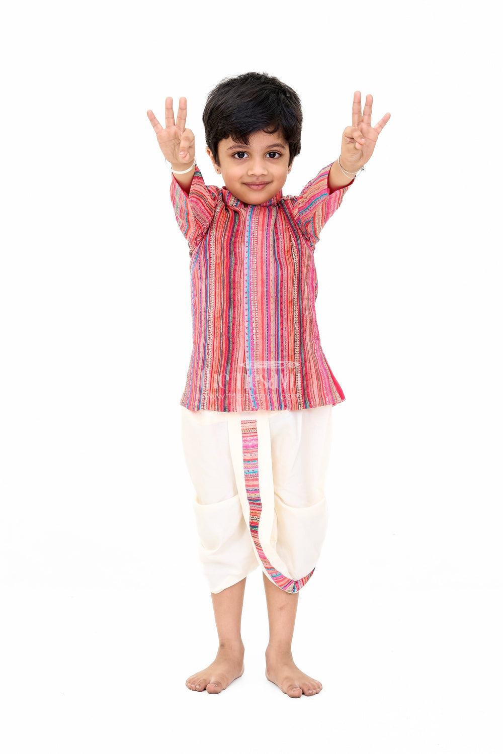 The Nesavu Boys Dothi Set Boys Festive Cotton Dhoti Set with Red Multicolor Striped Kurta Nesavu Nesavu Boys Cotton Festive Dhoti Set Red Multicolor Kurta Sequin Highlights