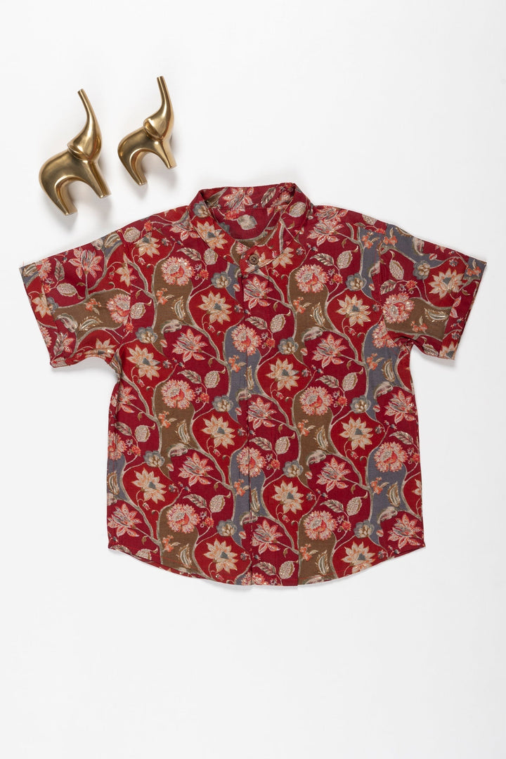 The Nesavu Boys Cotton Shirt Boys Floral Cotton Shirt - A Timeless Elegance Nesavu 16 (1Y) / Maroon / Viscose Silk BS133A-16 Boys' Floral Print Shirt | Versatile & Stylish Cotton Tops | The Nesavu