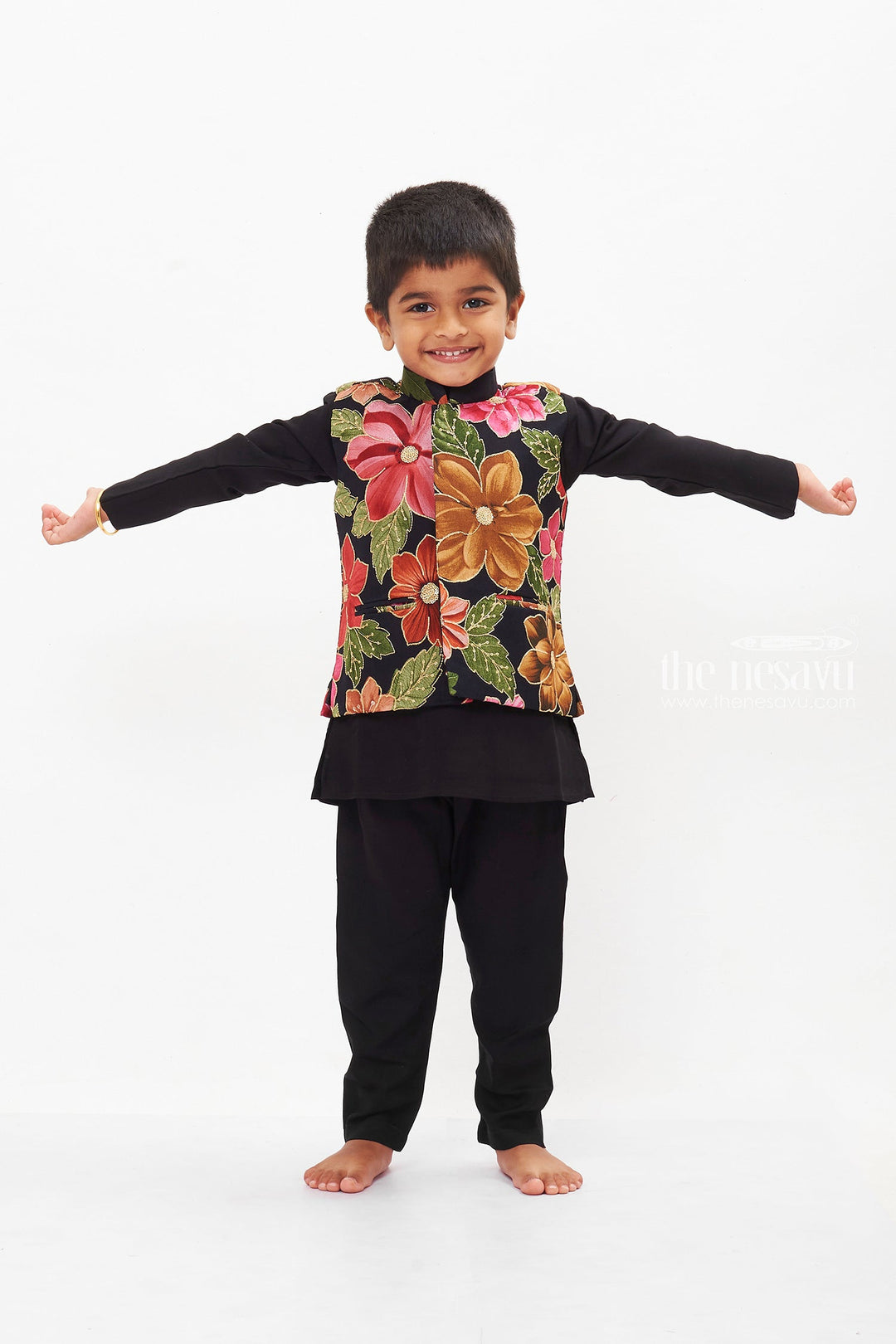 The Nesavu Boys Jacket Sets Boys Floral Jacket and Black Kurta Pant Set Nesavu 14 (6M) / Black / Viscose Silk BES514A-14 Boys Black Kurta Pant with Floral Print Jacket | Traditional Ethnic Set | The Nesavu