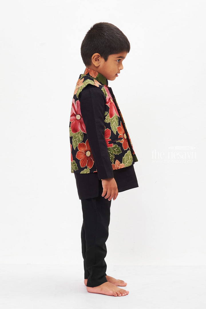 The Nesavu Boys Jacket Sets Boys Floral Jacket and Black Kurta Pant Set Nesavu Boys Black Kurta Pant with Floral Print Jacket | Traditional Ethnic Set | The Nesavu