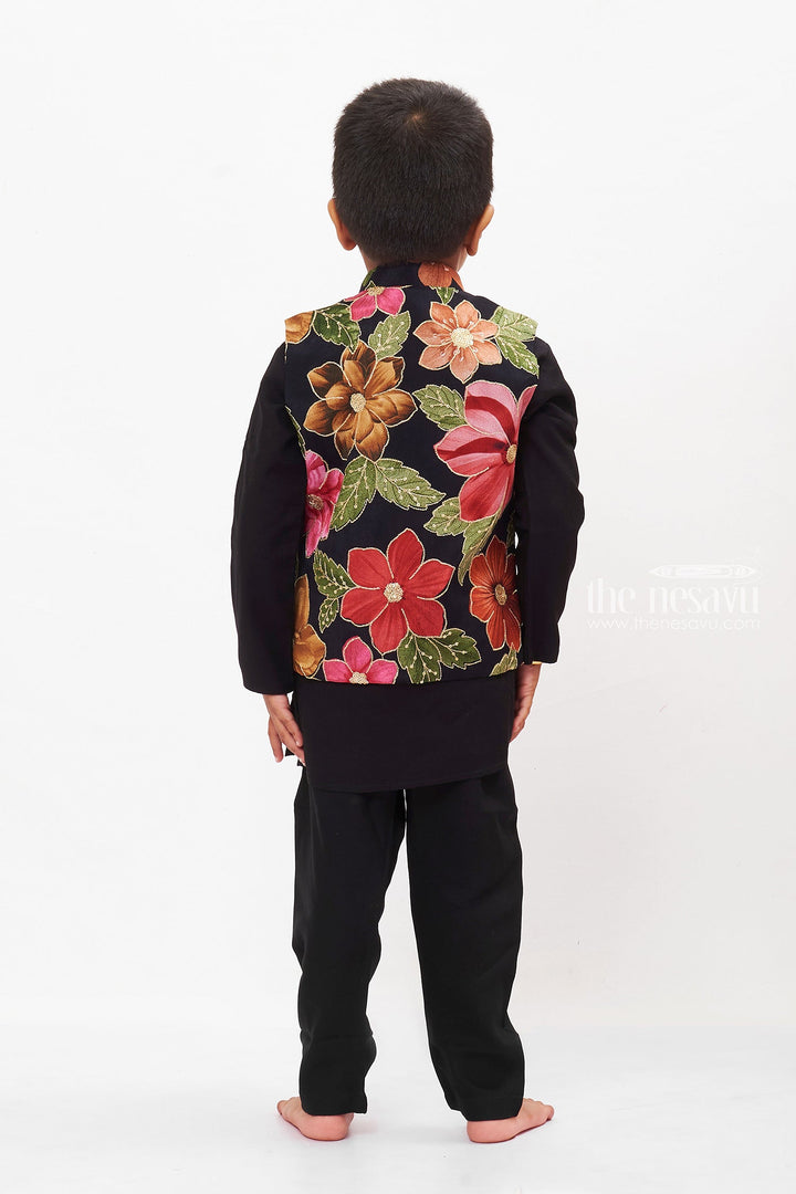 The Nesavu Boys Jacket Sets Boys Floral Jacket and Black Kurta Pant Set Nesavu Boys Black Kurta Pant with Floral Print Jacket | Traditional Ethnic Set | The Nesavu