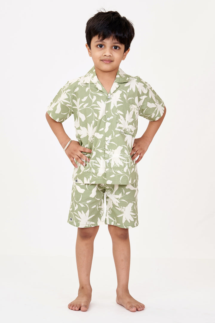 The Nesavu Boys Casual Set Boys Green Two Piece Casual Dress with Digital Floral Print and Elasticated Waistband for Comfort Nesavu Nesavu Boys Green Floral Print Cotton Two Piece Casual Outfit Matching Shirt Shorts
