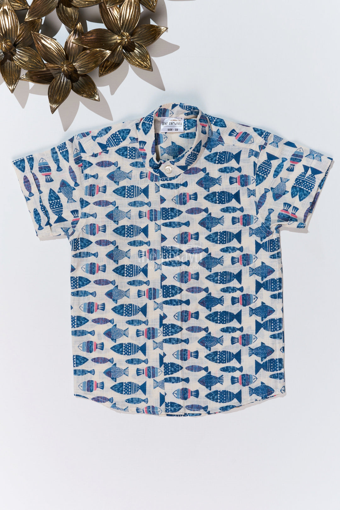 The Nesavu Boys Cotton Shirt Boys Half Hand Printed Shirt in Pure Cotton with Nautical Fish Motifs for a Trendy Look Nesavu 16 (1Y) / Blue BS250D-16 Nesavu Boys Half Hand Printed Cotton Shirt Nautical Fish Motifs Casual Style