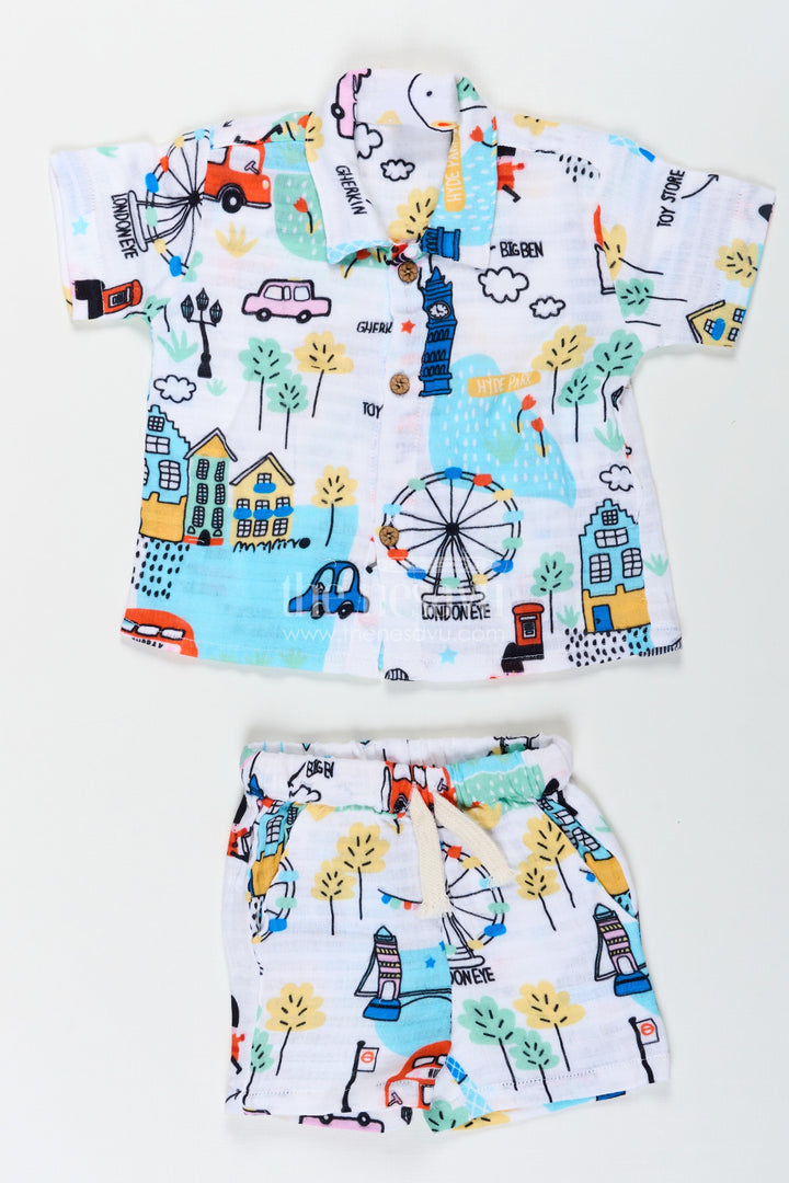 The Nesavu Boys Casual Set Boys Half Sleeve Casual Shirts with Muslin Fabric and Colorful Travel Inspired Print for Everyday Style Nesavu 14 (6M) / White BCS236A-14 Nesavu Boys Half Sleeve Casual Shirts with London Inspired Muslin Print and Matching Shorts