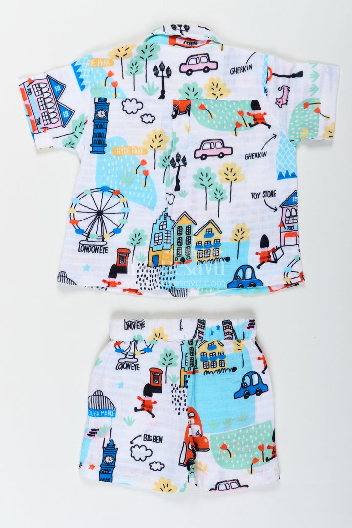 The Nesavu Boys Casual Set Boys Half Sleeve Casual Shirts with Muslin Fabric and Colorful Travel Inspired Print for Everyday Style Nesavu Nesavu Boys Half Sleeve Casual Shirts with London Inspired Muslin Print and Matching Shorts