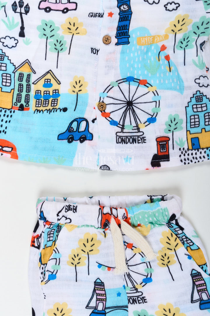 The Nesavu Boys Casual Set Boys Half Sleeve Casual Shirts with Muslin Fabric and Colorful Travel Inspired Print for Everyday Style Nesavu Nesavu Boys Half Sleeve Casual Shirts with London Inspired Muslin Print and Matching Shorts