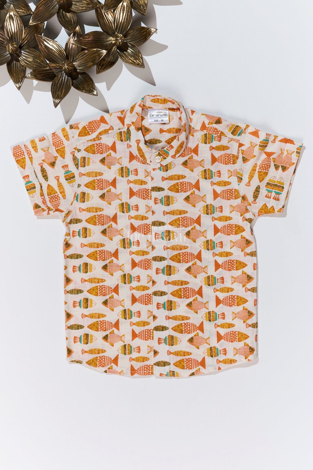 The Nesavu Boys Cotton Shirt Boys Half Sleeves Printed Shirt in Cotton with Vibrant Fish Motifs for Everyday Wear Nesavu 16 (1Y) / Yellow BS250B-16 Nesavu Boys Cotton Half Sleeves Printed Shirt Fun Fish Motifs Casual Wear