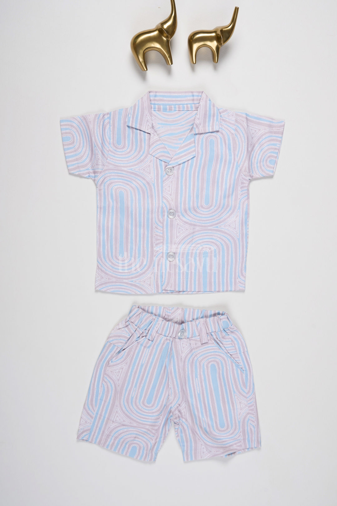 The Nesavu Boys Casual Set Boys Knitted Co-Ord Set with Unique Swirl Pattern for a Retro Summer Look Nesavu 12 (3M) / Multicolor BCS156A-12 Nesavu Boys Knitted Co-Ord Set Swirl Pattern Blue Beige Retro Summer Playdates