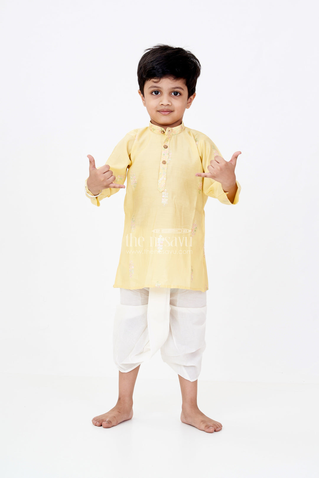 The Nesavu Boys Dothi Set Boys Kurta and Dhoti Pant Set in Yellow Silk Blend with Delicate Embroidery Accents Nesavu 12 (3M) / Yellow BES667A-12 Nesavu Boys Silk Blend Kurta Dhoti Pant Set Embroidered Yellow Top Classic Styling