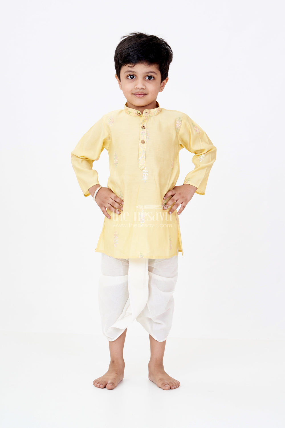 The Nesavu Boys Dothi Set Boys Kurta and Dhoti Pant Set in Yellow Silk Blend with Delicate Embroidery Accents Nesavu Nesavu Boys Silk Blend Kurta Dhoti Pant Set Embroidered Yellow Top Classic Styling