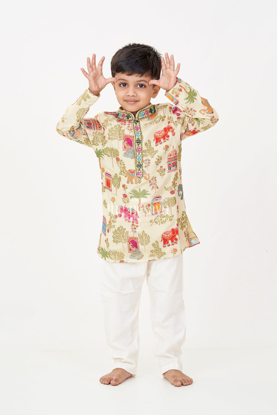 The Nesavu Boys Kurtha Set Boys kurta dhoti pant Set in Elephant Motif Digital Print and Cream Bottoms for Festive Style Nesavu 18 (2Y) / Green BES707A-18 Nesavu Boys kurta dhoti pant Set Elephant Print Mirror Neck Design Traditional Events