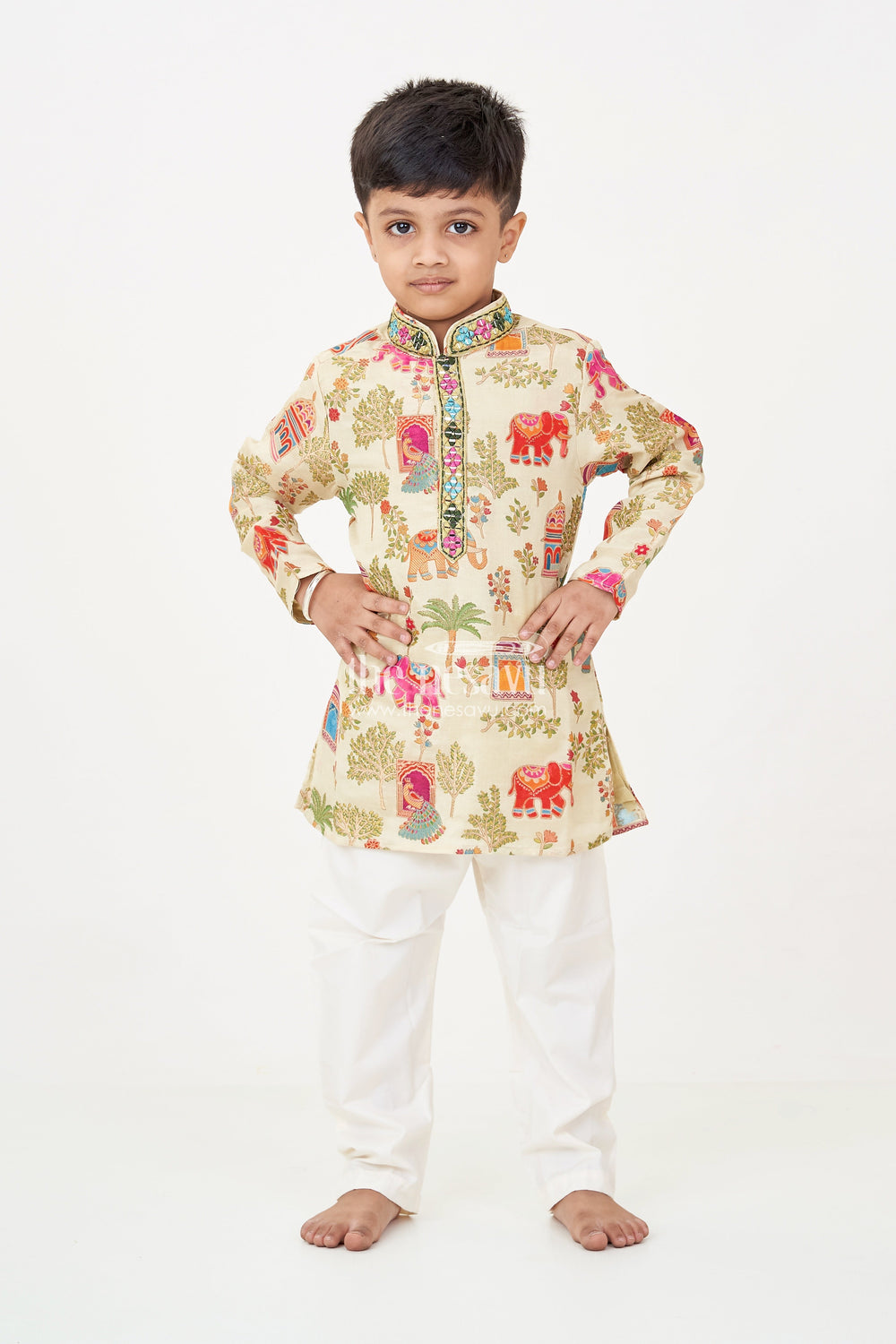The Nesavu Boys Kurtha Set Boys kurta dhoti pant Set in Elephant Motif Digital Print and Cream Bottoms for Festive Style Nesavu Nesavu Boys kurta dhoti pant Set Elephant Print Mirror Neck Design Traditional Events