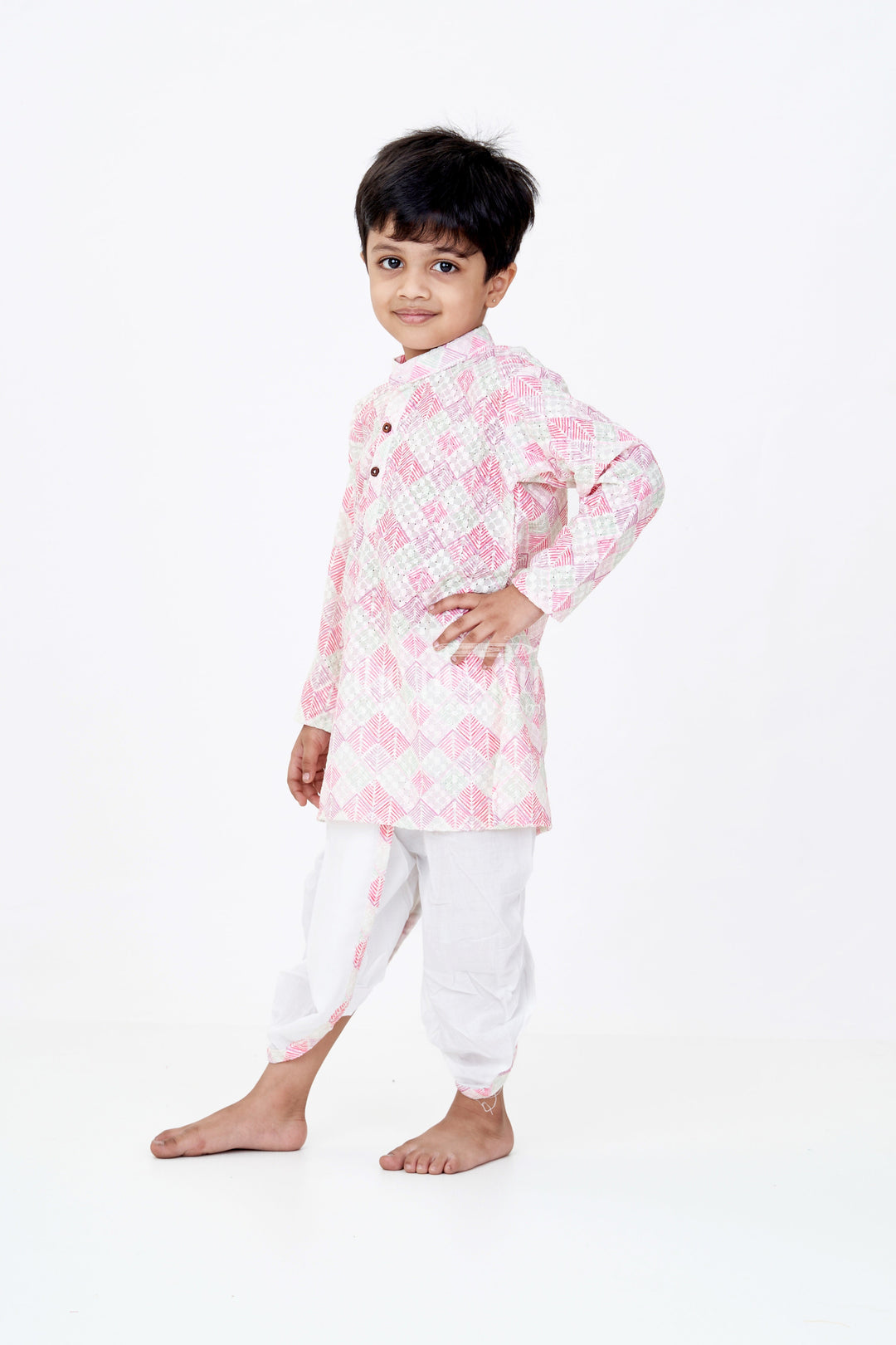 The Nesavu Boys Dothi Set Boys Kurta with Dhoti Pants in Geometric Print Cotton Blend and Contrast White Bottoms Nesavu 12 (3M) / Pink BES666A-12 Nesavu Boys Geometric Cotton Kurta Dhoti Pants Ethnic Style Vibrant Colors