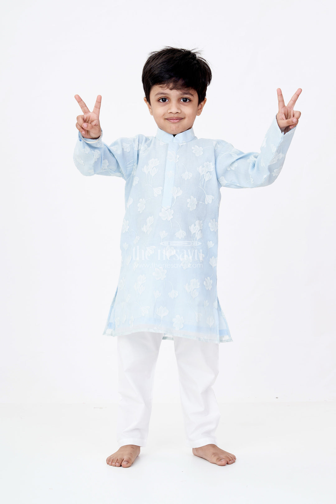 The Nesavu Boys Kurtha Set Boys Kurta with Floral Embroidery and White Pajama for Ethnic Wear Nesavu 14 (6M) / Blue BES634A-14 Nesavu Boys Kurta Floral Embroidery White Pajama Traditional Wear