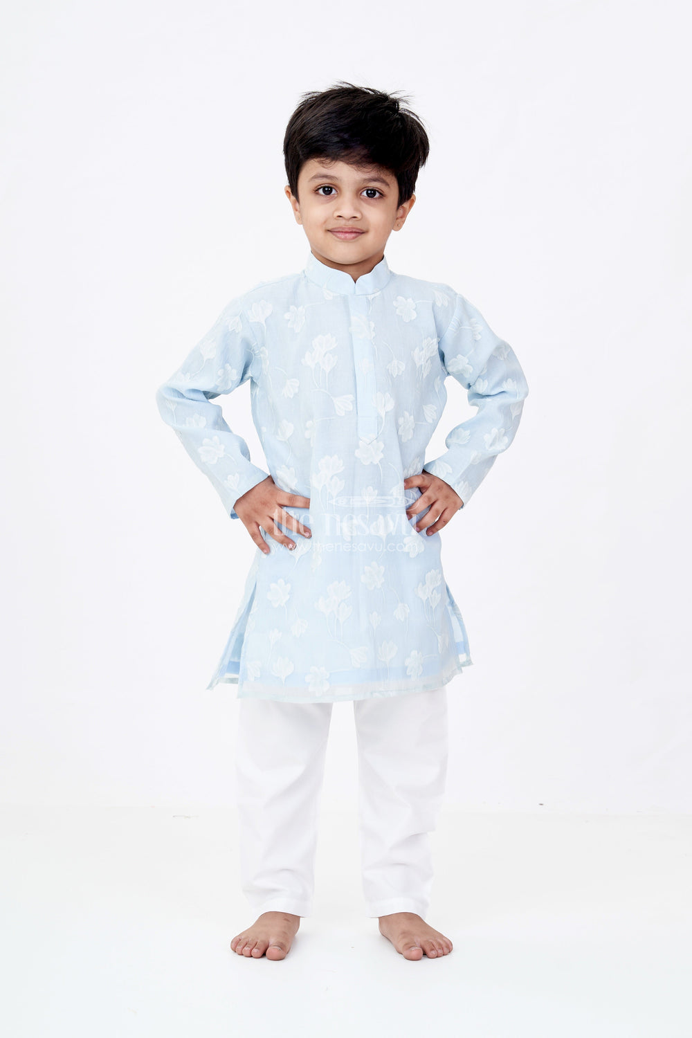 The Nesavu Boys Kurtha Set Boys Kurta with Floral Embroidery and White Pajama for Ethnic Wear Nesavu Nesavu Boys Kurta Floral Embroidery White Pajama Traditional Wear
