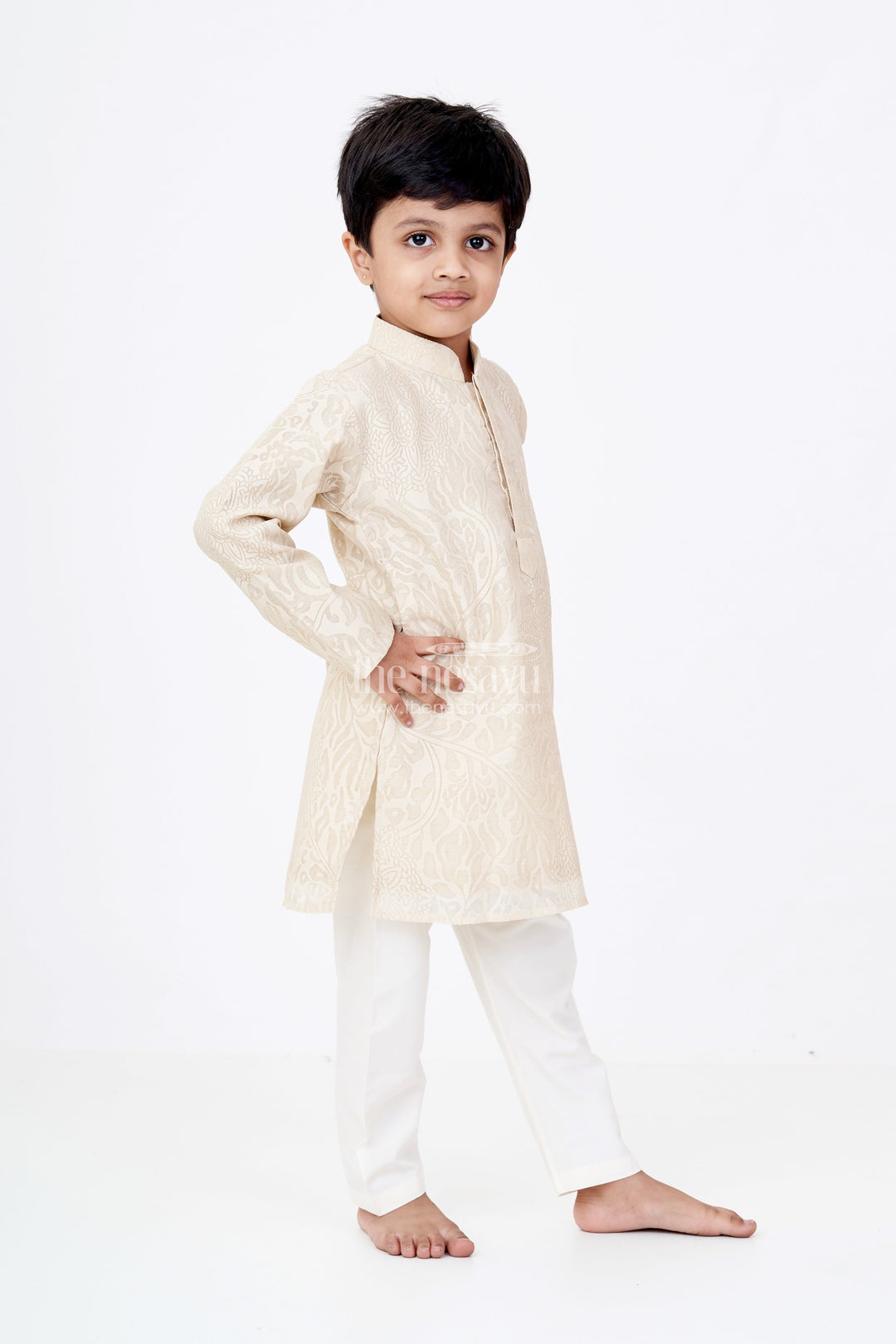 The Nesavu Boys Kurtha Set Boys Kurtas in Brazzo Blended Silk with Traditional Motif Design and White Pajama Nesavu 14 (6M) / Green BES635A-14 Nesavu Boys Kurtas Brazzo Blended Silk Traditional Motif Design White Pajama