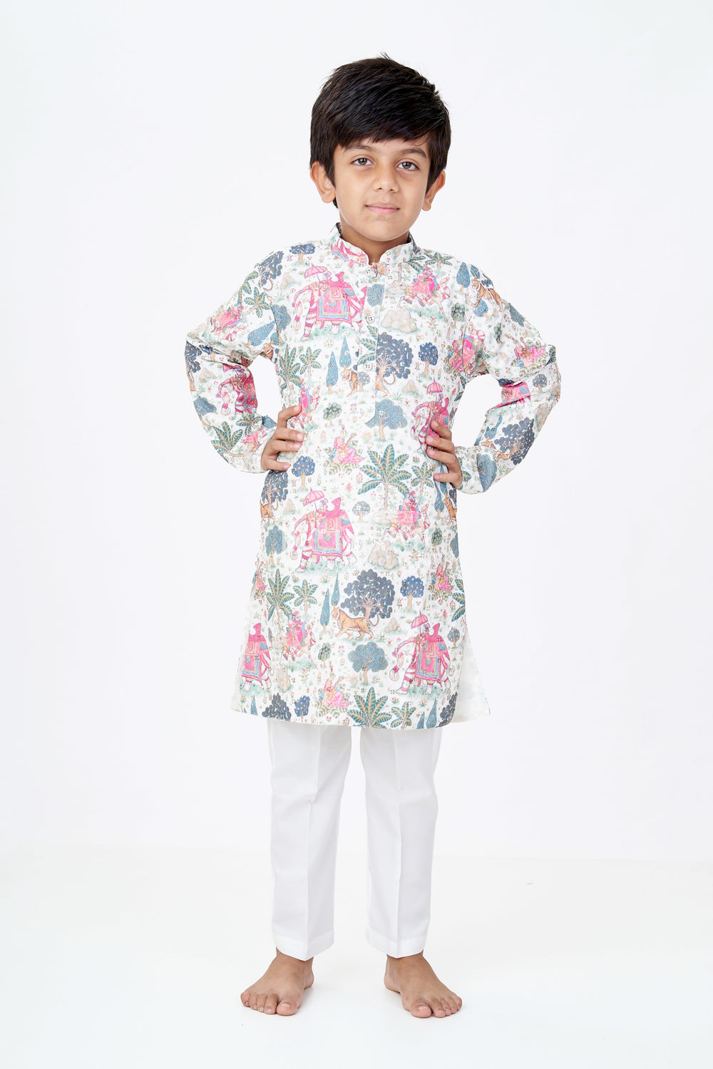 The Nesavu Boys Kurtha Set Boys Kurtha with Story Digital Print and Embroidery for Traditional Festive Wear Nesavu Nesavu Boys Kurtha Story Digital Print Embroidery Festive Cultural Events