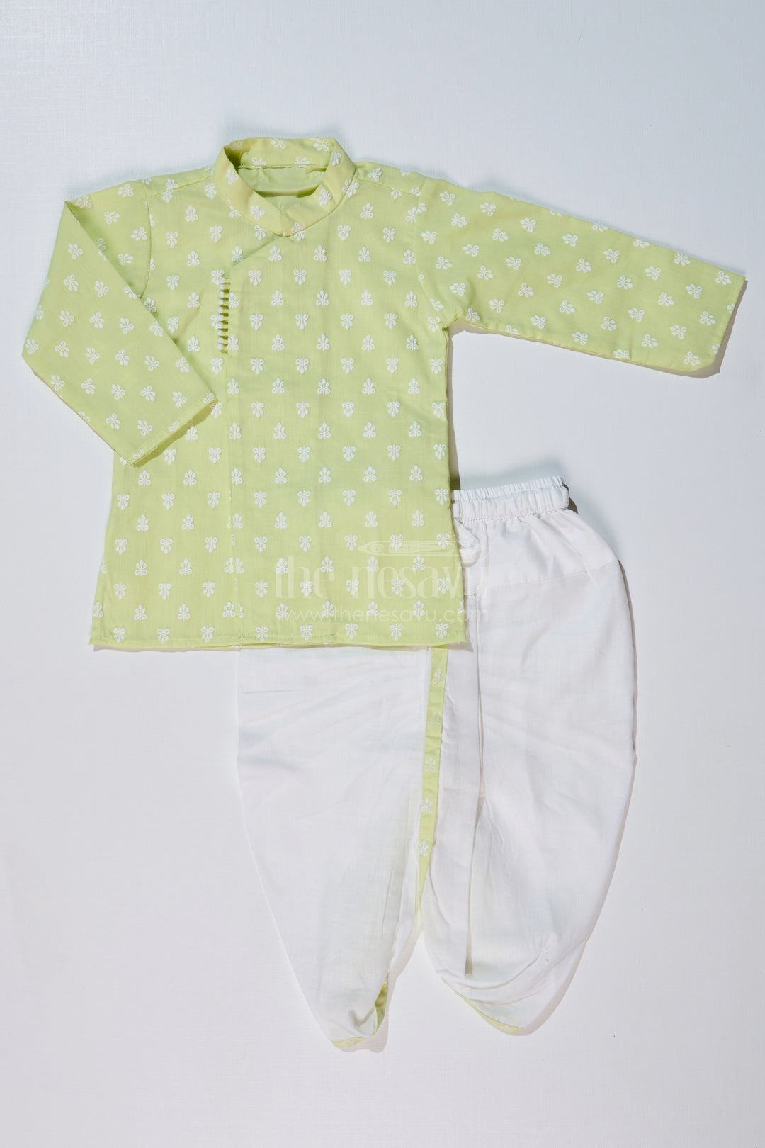 The Nesavu Boys Dothi Set Boys Light Green Shirt with Dhoti in Chikankari Cotton for Festive and Traditional Wear Nesavu 16 (1Y) / Green BES630C-16 Nesavu Boys Light Green Embroidered Kurta White Dhoti Traditional Festivities
