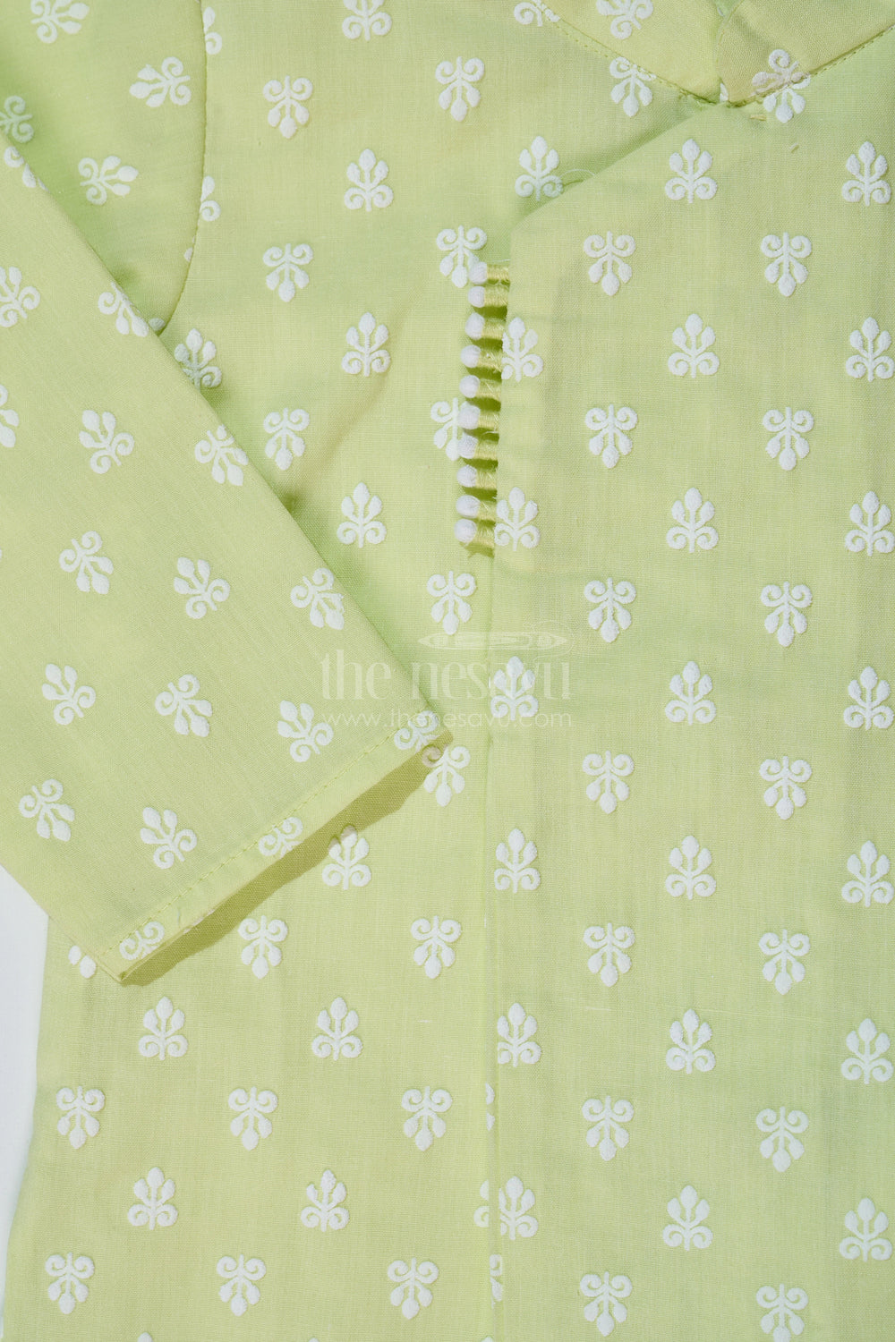 The Nesavu Boys Dothi Set Boys Light Green Shirt with Dhoti in Chikankari Cotton for Festive and Traditional Wear Nesavu Nesavu Boys Light Green Embroidered Kurta White Dhoti Traditional Festivities
