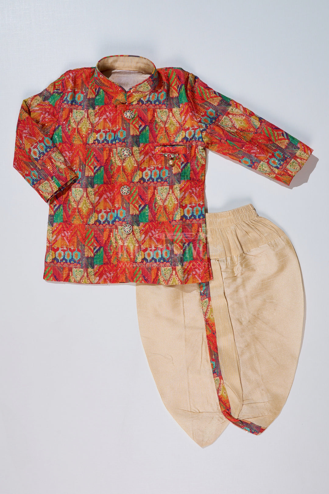 The Nesavu Boys Kurtha Set Boys Light Red Kurta with Printed Jacket and Cream Dhoti for Special Occasions Nesavu 12 (3M) / Red BES640A-12 Nesavu Boys Light Red Kurta Printed Jacket Cream Dhoti Festive Wear