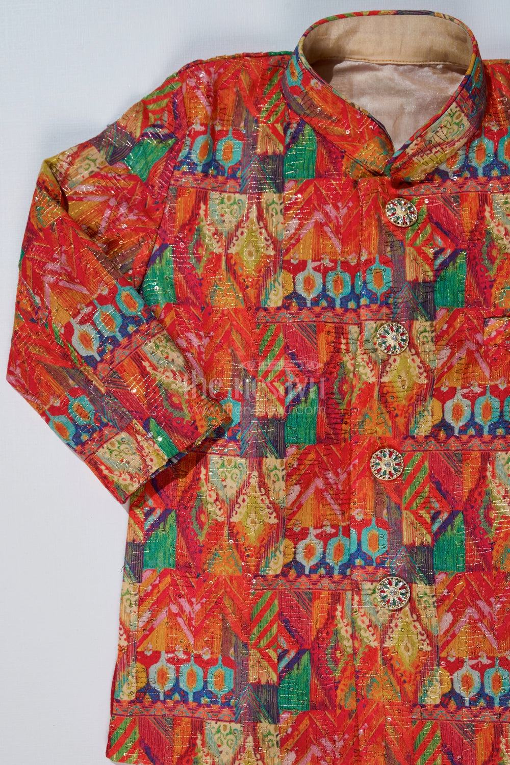 The Nesavu Boys Kurtha Set Boys Light Red Kurta with Printed Jacket and Cream Dhoti for Special Occasions Nesavu Nesavu Boys Light Red Kurta Printed Jacket Cream Dhoti Festive Wear