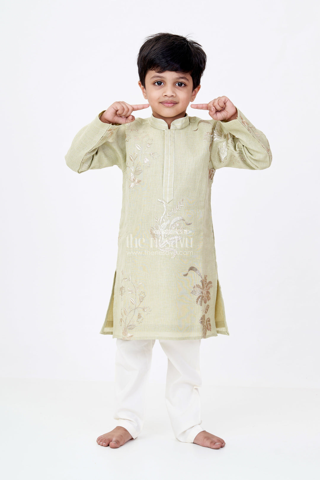The Nesavu Boys Kurtha Set Boys Linen Blend Green Kurtha Set with Subtle Golden Embroidery and Cream Pants Nesavu 16 (1Y) / Green BES671A-16 Nesavu Boys Green Kurtha Set Linen Blend Golden Embroidery Cream Pants