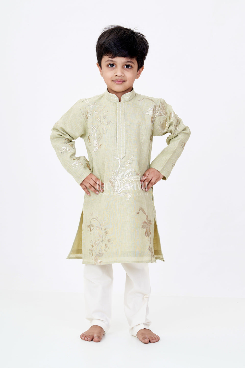 The Nesavu Boys Kurtha Set Boys Linen Blend Green Kurtha Set with Subtle Golden Embroidery and Cream Pants Nesavu Nesavu Boys Green Kurtha Set Linen Blend Golden Embroidery Cream Pants