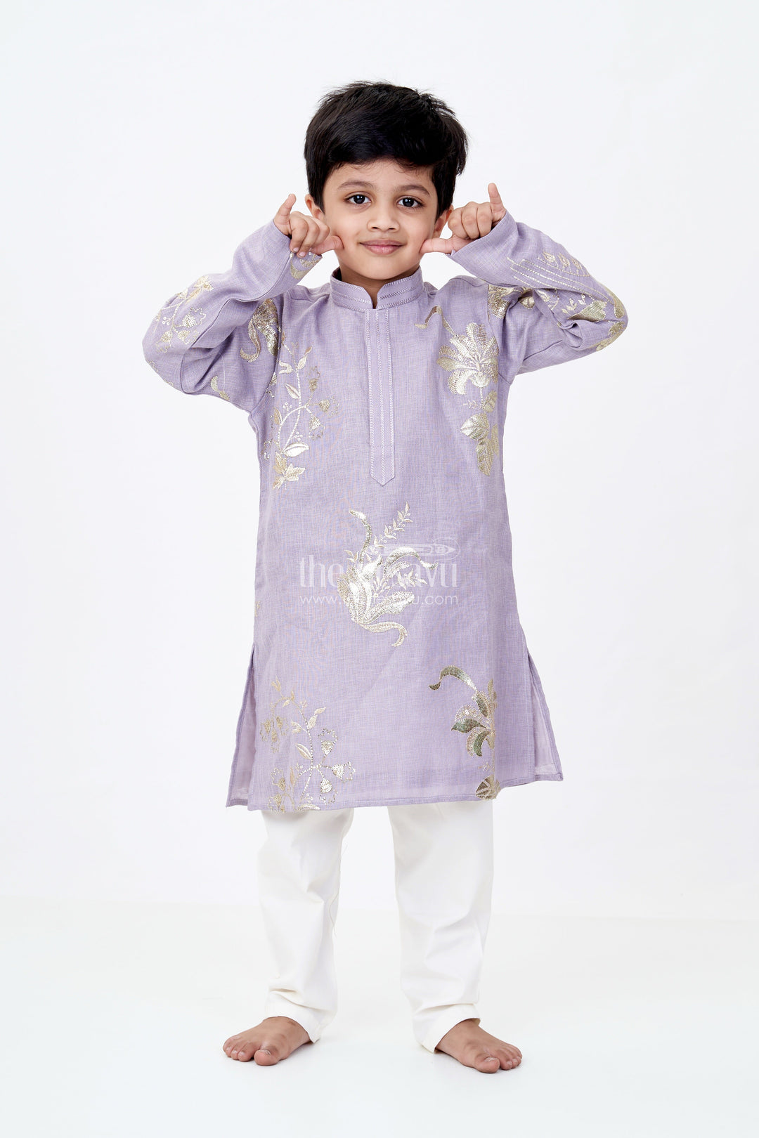The Nesavu Boys Kurtha Set Boys Linen Blend Grey Kurtha Set with Metallic Embroidered Florals and Soft Cream Pants Nesavu 14 (6M) / Purple BES671B-14 Nesavu Boys Grey Kurtha Set Linen Blend Metallic Embroidery Cream Pants