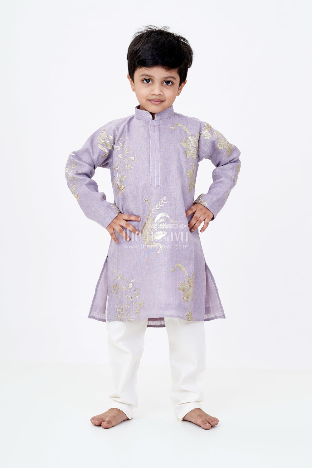 The Nesavu Boys Kurtha Set Boys Linen Blend Grey Kurtha Set with Metallic Embroidered Florals and Soft Cream Pants Nesavu Nesavu Boys Grey Kurtha Set Linen Blend Metallic Embroidery Cream Pants