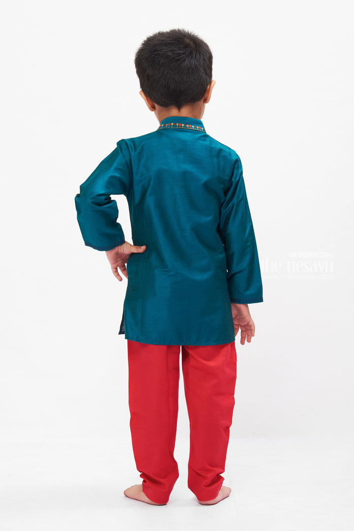 The Nesavu Boys Kurtha Set Boys Majestic Teal Kurta with Vibrant Pink Pants Set Nesavu Boys Teal and Pink Festive Kurta Set | Colorful Traditional Outfits for Kids | The Nesavu