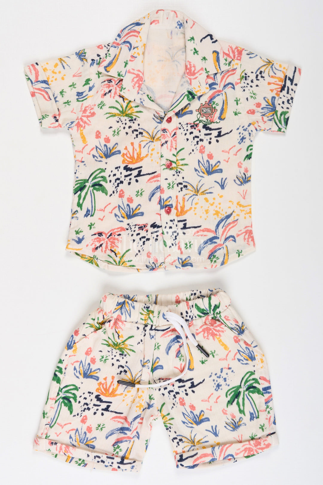 The Nesavu Boys Casual Set Boys Muslin Cotton Casual Attire Set with Colorful Printed Shirt and Matching Shorts Nesavu Boys Casual Attire Set Muslin Cotton Colorful Nature Print Shirt Shorts | The Nesavu