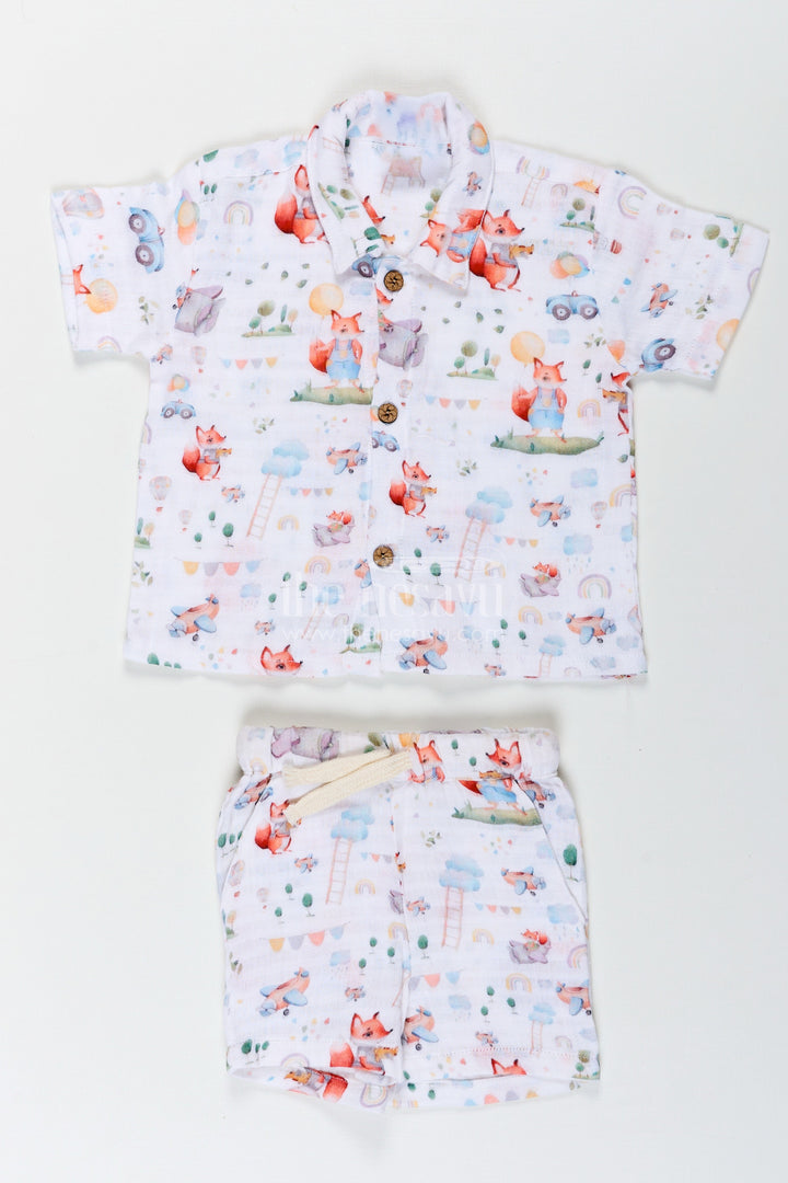 The Nesavu Boys Casual Set Boys New Fashion Casual Shirts with Fox and Nature Print in Soft Muslin Fabric for Everyday Comfort Nesavu 14 (6M) / White BCS238A-14 Nesavu Boys New Fashion Casual Shirt and Shorts Set with Fox Nature Print in Breathable Muslin Fabric