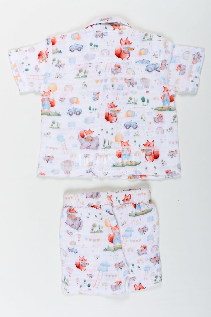 The Nesavu Boys Casual Set Boys New Fashion Casual Shirts with Fox and Nature Print in Soft Muslin Fabric for Everyday Comfort Nesavu Nesavu Boys New Fashion Casual Shirt and Shorts Set with Fox Nature Print in Breathable Muslin Fabric