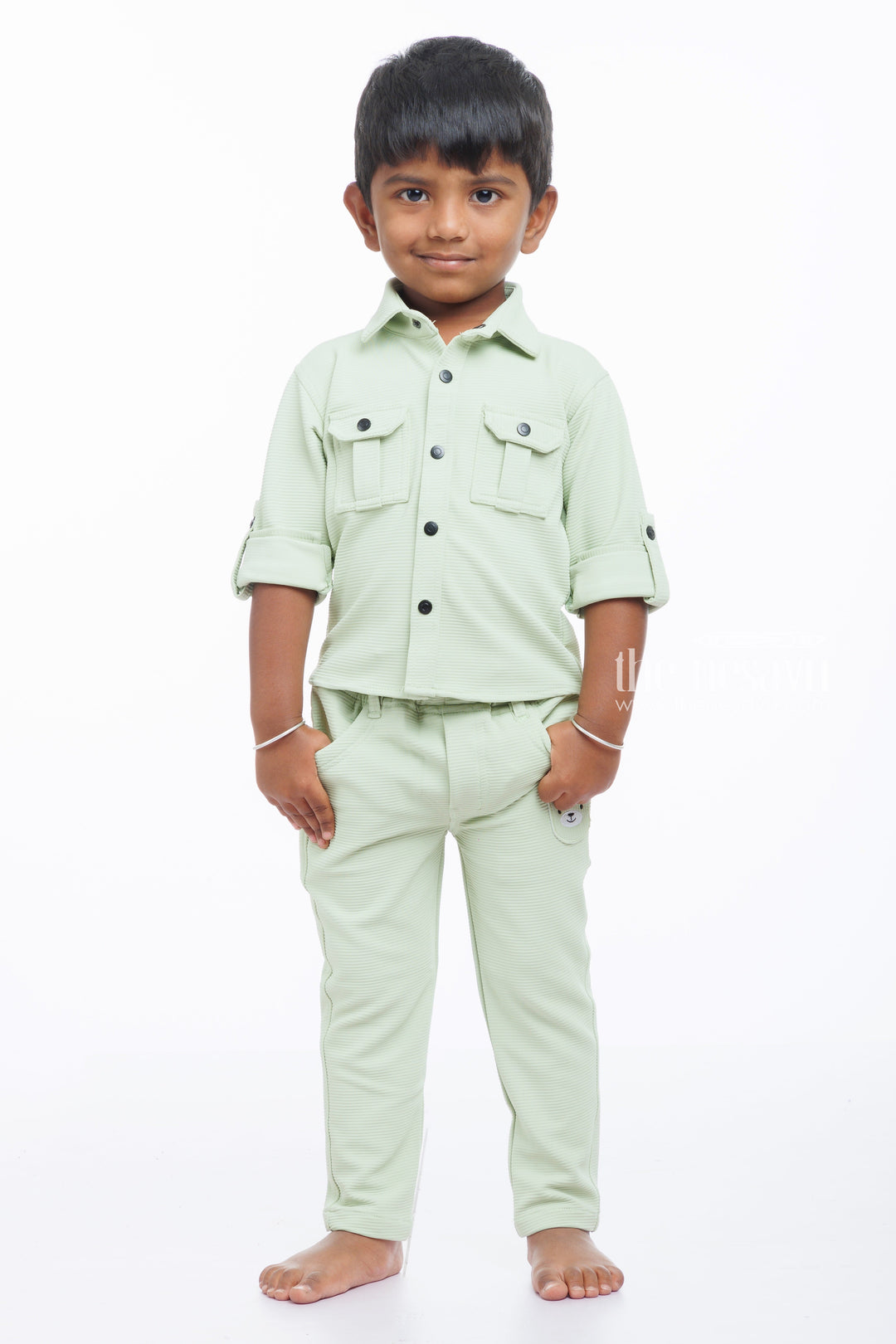 The Nesavu Boys Casual Set Boys Olive Green Shirt and Pant Casual Set - Fresh Style Nesavu 14 (6M) / Green / Knitted Lycra BES528B-14 Olive Green Boys Casual Set | Chic and Comfortable for Everyday Wear | The Nesavu