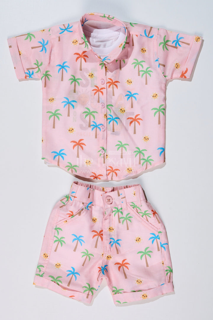 The Nesavu Boys Casual Set Boys Party Wear Casual Shirts with Tropical Printed Shorts and Surf Theme T-Shirt Nesavu 16 (1Y) / Peach BCS215A-16 Boys Party Wear Casual Shirts Tropical Printed Shorts Surf Graphic T-Shirt | The Nesavu